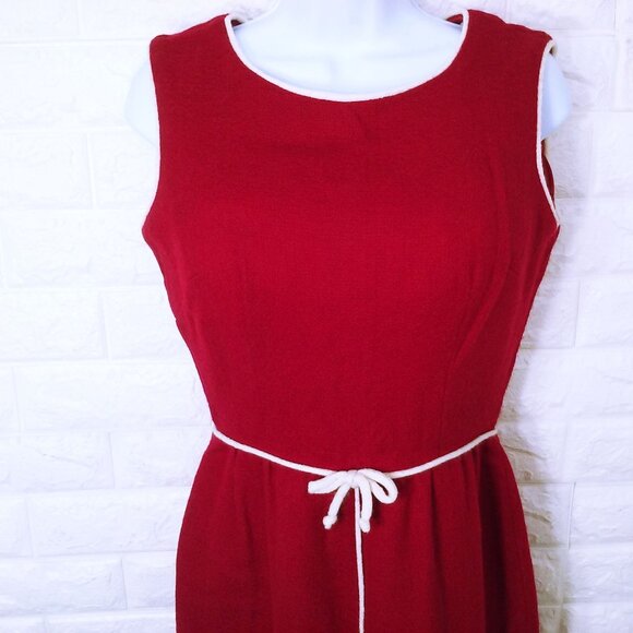 Vintage 60s Handmade Sheath Tank Dress Lady(8) Wool Piping-Trim Bow Zipper Red - Picture 4 of 10